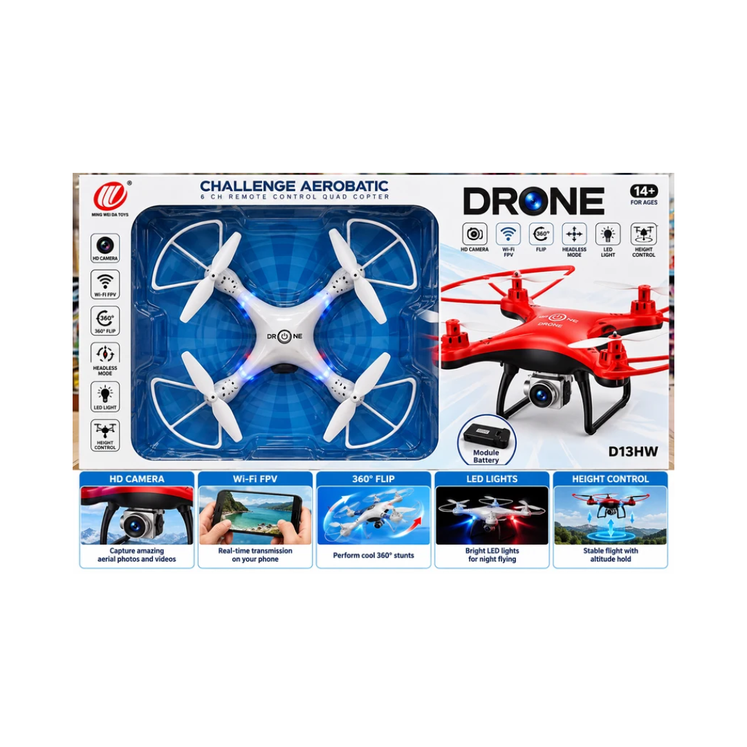 Ming Wei Da Challenge Aerobatic Drone D13HW | 6-Channel Remote Control Quadcopter with Camera, WiFi FPV & 360° Flip | 14+ Years