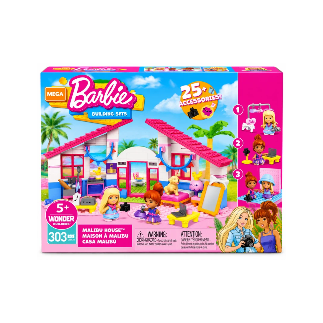 Mega Barbie Malibu House Building Set 303 Pieces with 25+ Accessories – 5+ Years