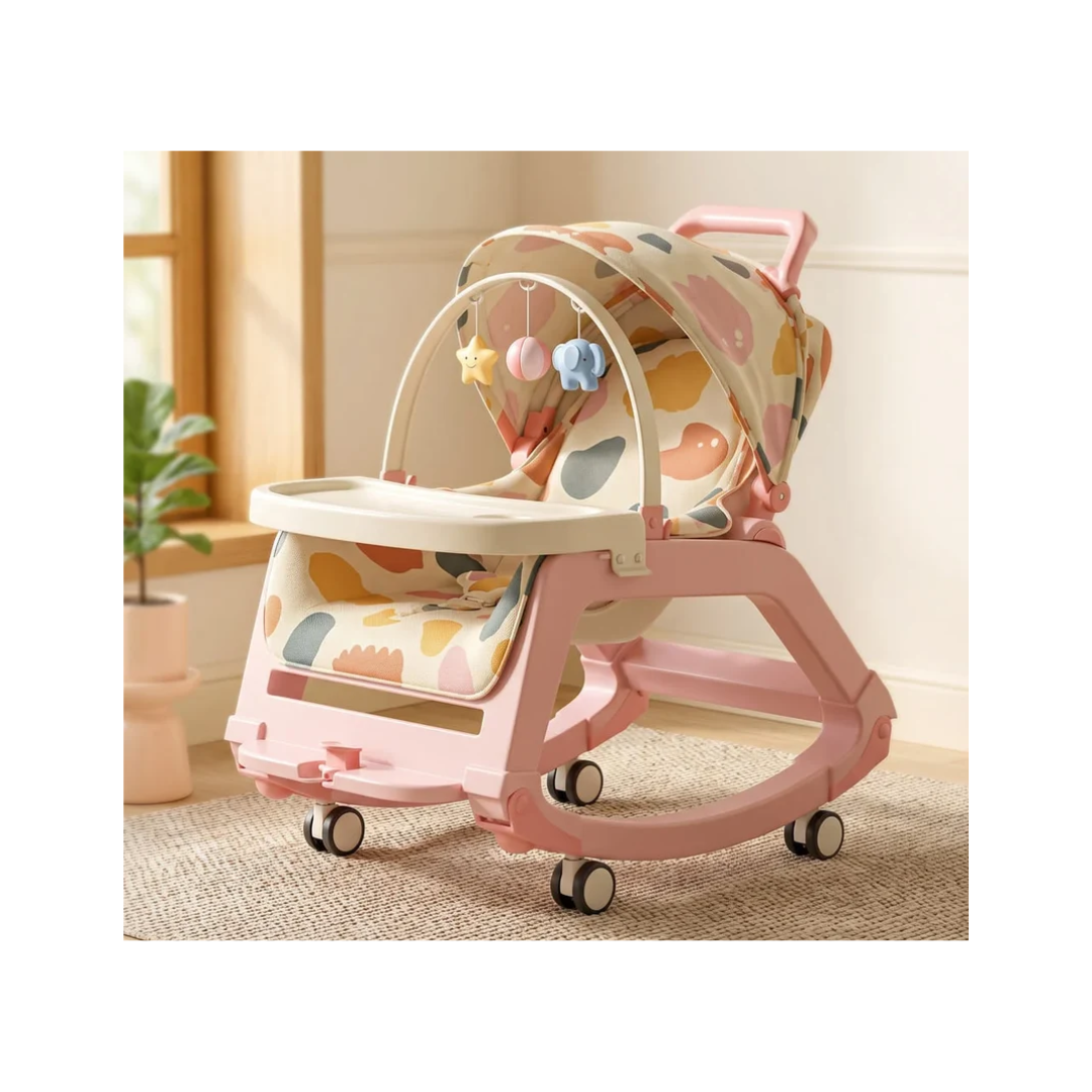 StarAndDaisy Multi-Purpose Baby Rocking Chair with Wheels, Feeding Tray & Push Handle – 0–24 Months, Pink