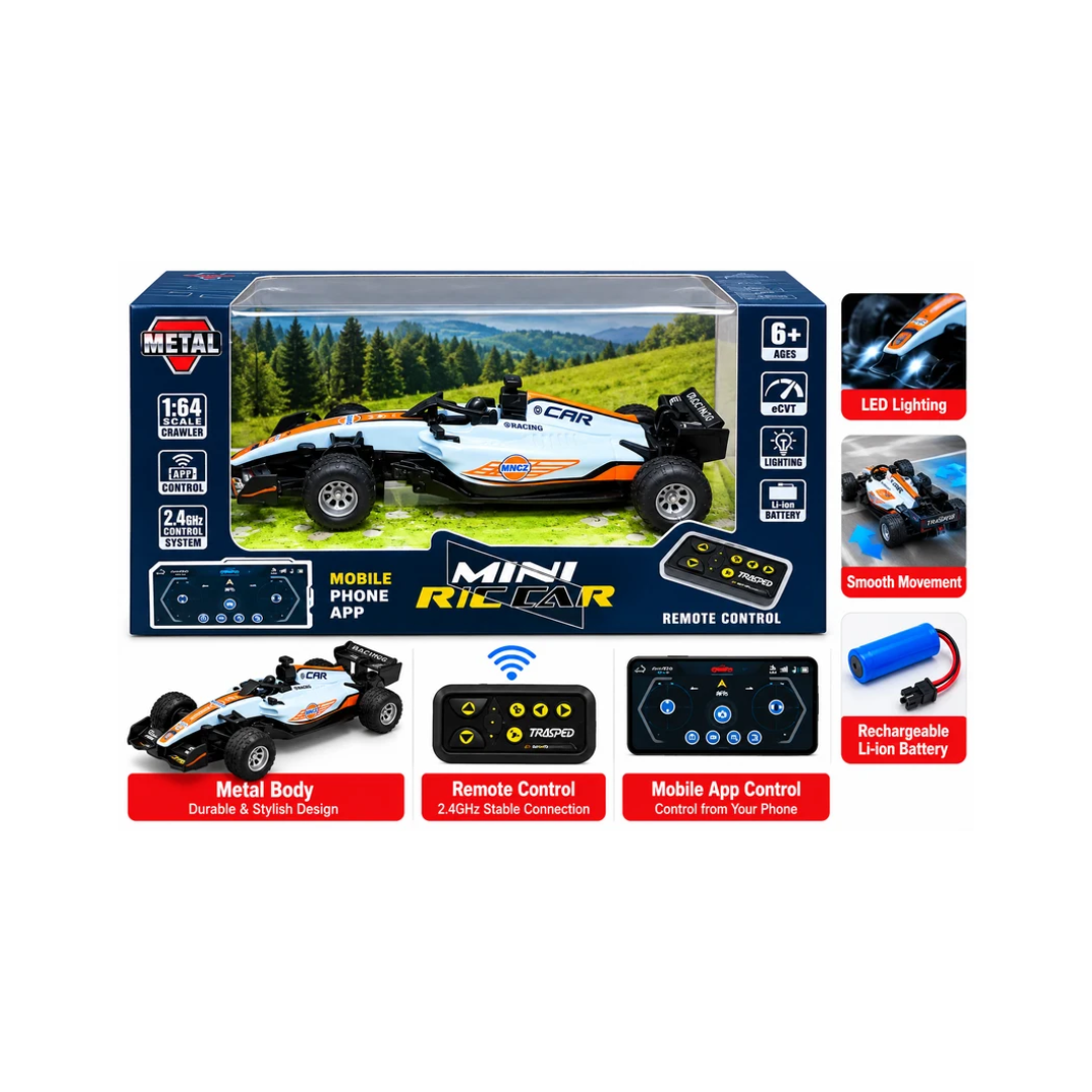 Mini RC F1 Racing Car 1:64 Scale with App Control, 2.4GHz Remote Control, LED Lights & Rechargeable Battery