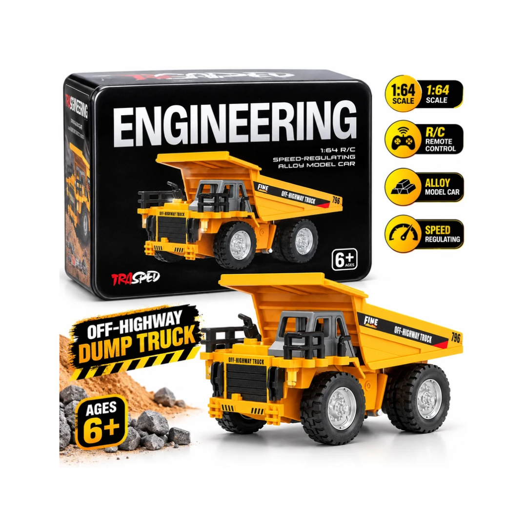 Engineering 1:64 Scale RC Alloy Dump Truck for Kids | Speed-Regulating Remote Control Construction Vehicle