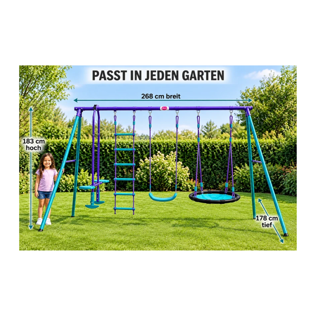 Plum Jupiter Metal Double Swing Set with Glider for Kids 3–10 Years – 2 Swings, Glider & Steel Frame, Multicolour