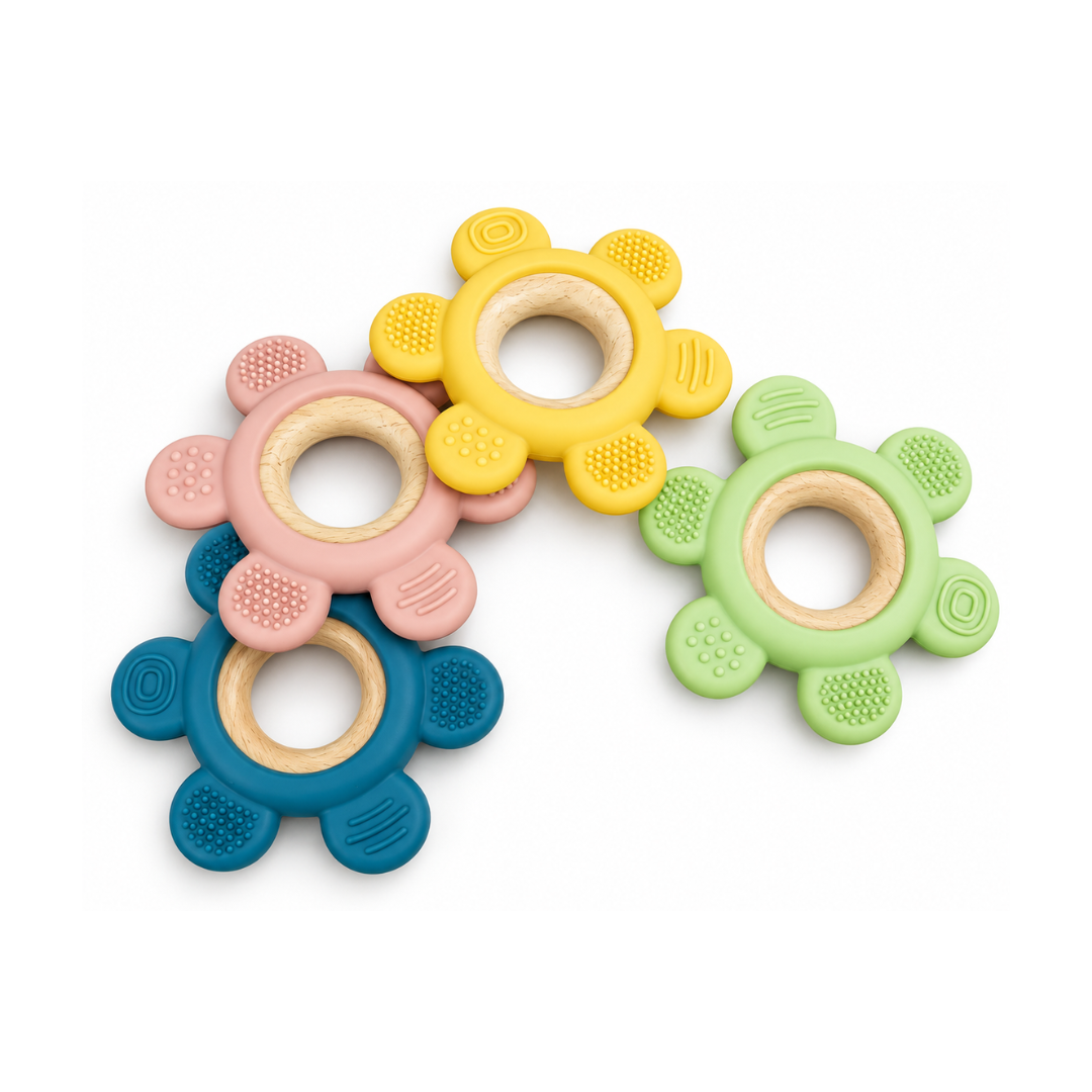 Playblox Flower Teether – 100% Food-Grade Silicone & Natural Beech Wood Soothing Teething Ring for Babies, Non-Toxic Easy-Grip Sensory Toy, 1 Count