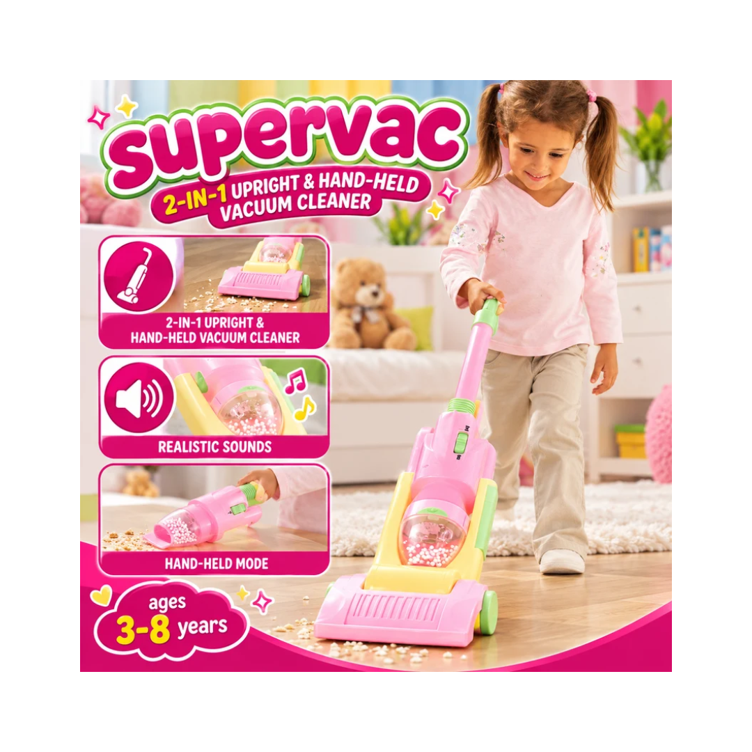 Supervac 2-in-1 Toy Vacuum Cleaner for Kids 3–8 Years – Pink