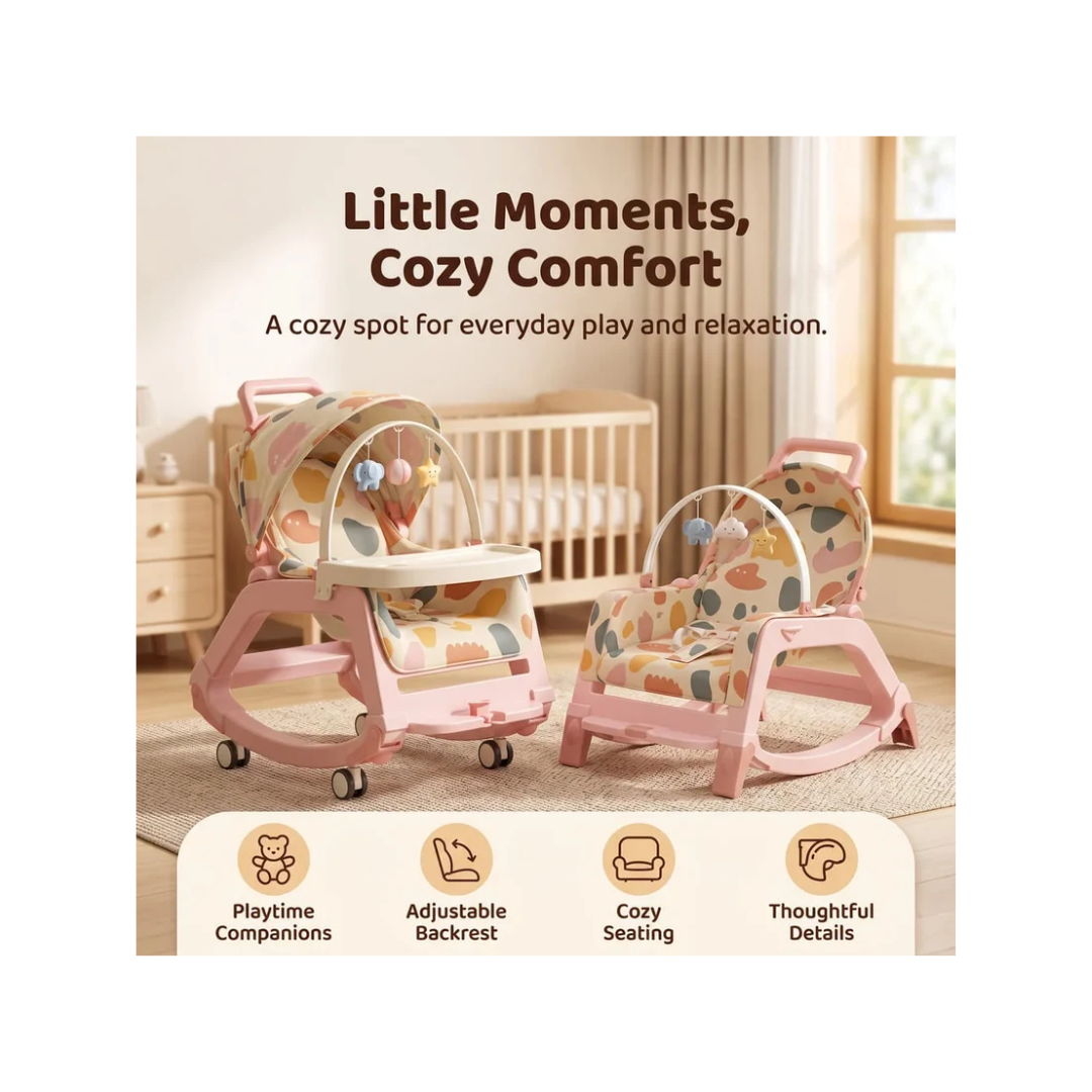 StarAndDaisy Multi-Purpose Baby Rocking Chair with Wheels, Feeding Tray & Push Handle – 0–24 Months, Pink