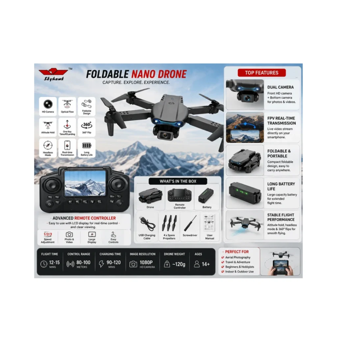 Skyhawk Foldable Nano Drone with Dual Camera, Optical Flow & Display Remote Controller