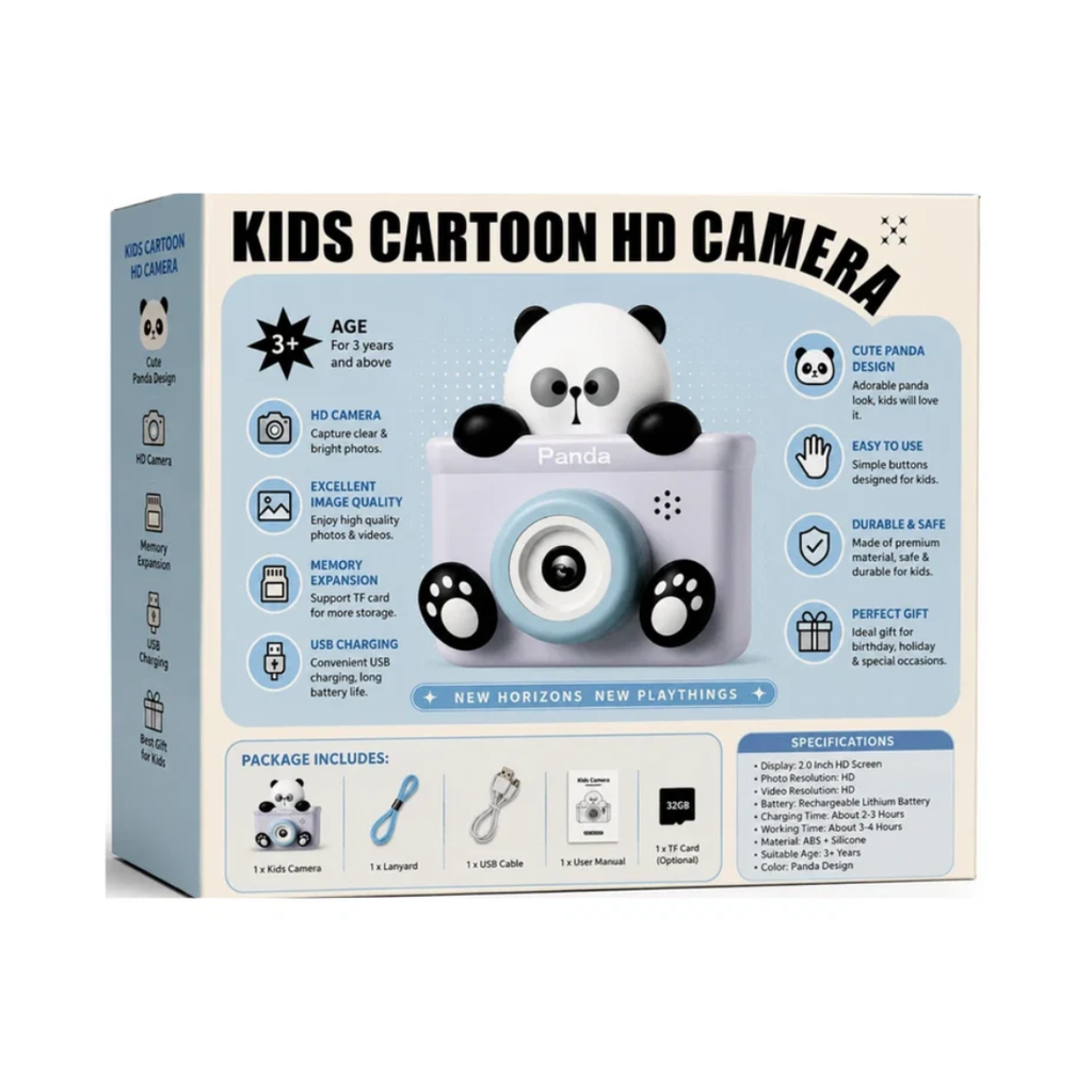 Kids Cartoon HD Digital Camera – Cute Panda Camera with USB Charging Assorted Color