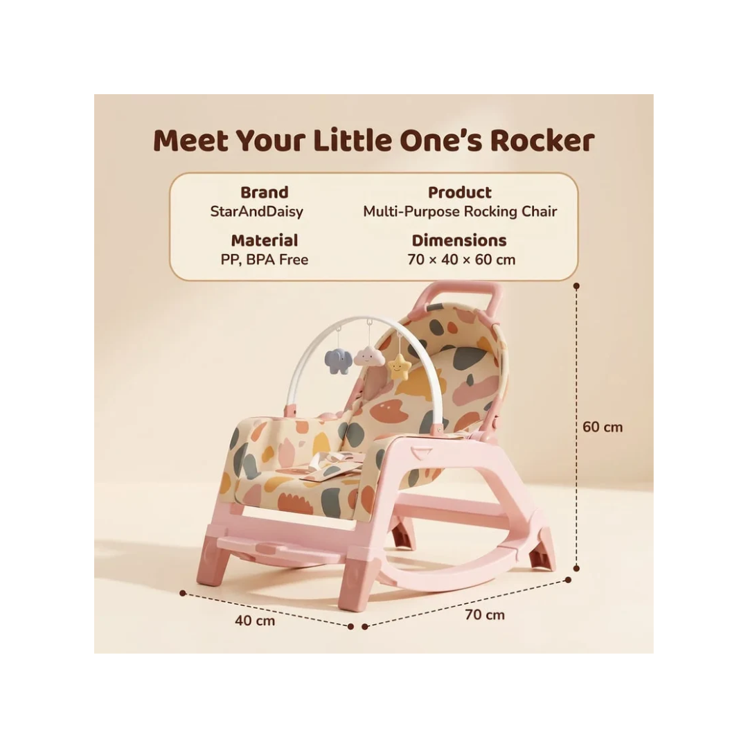 StarAndDaisy Multi-Purpose Baby Rocking Chair with Wheels, Feeding Tray & Push Handle – 0–24 Months, Pink