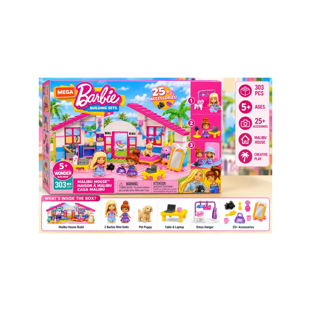 Mega Barbie Malibu House Building Set 303 Pieces with 25+ Accessories – 5+ Years