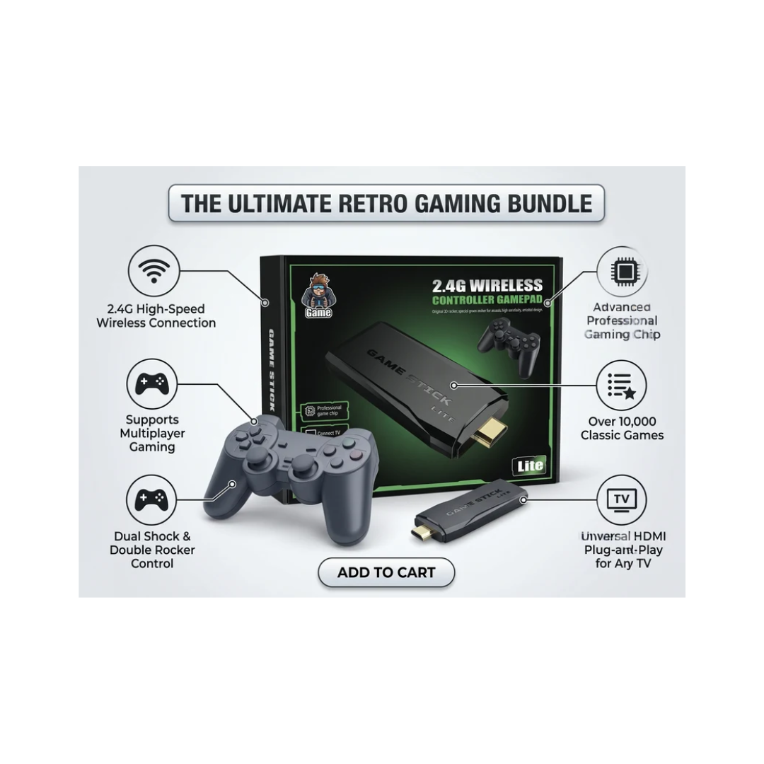 4K Ultra HD Game Stick with 2.4G Wireless Dual Controllers, 10,000+ Games Support