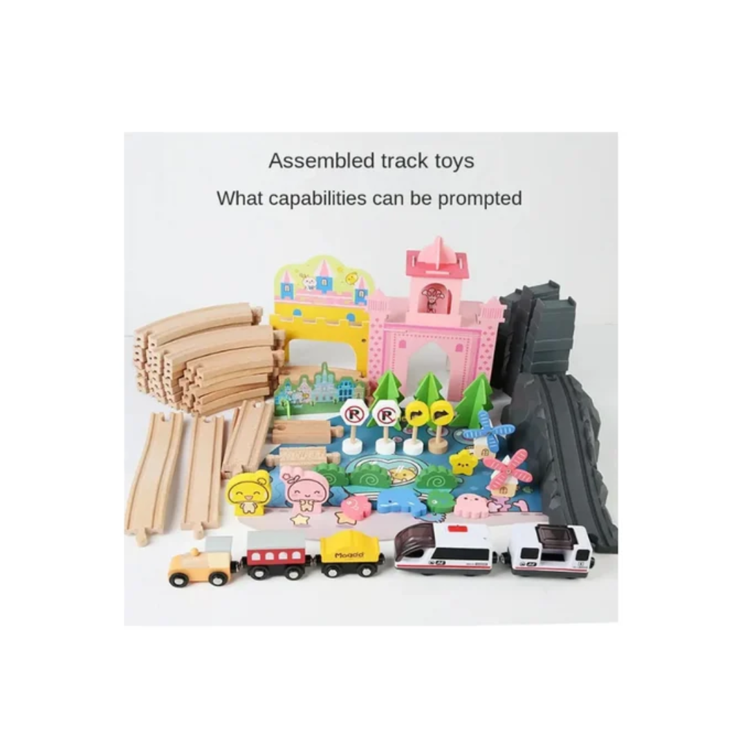 Rainbow Toys Wooden castle Train Track Set Toys 87Pcs