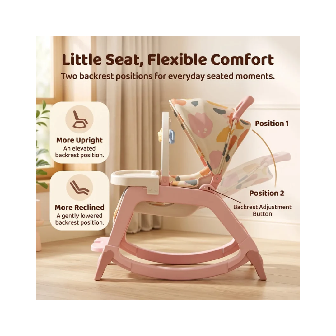 StarAndDaisy Multi-Purpose Baby Rocking Chair with Wheels, Feeding Tray & Push Handle – 0–24 Months, Pink