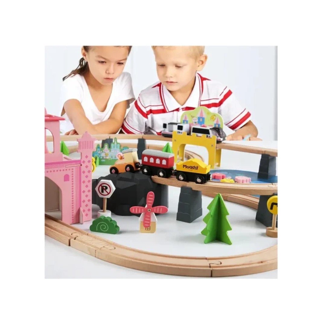 Rainbow Toys Wooden castle Train Track Set Toys 87Pcs