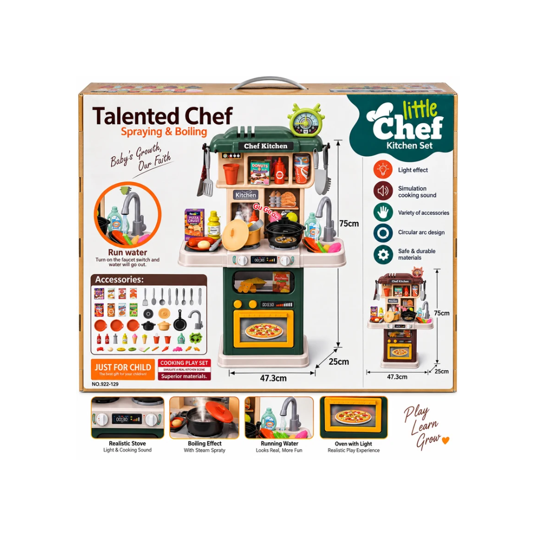 Talented Chef 64 PCS Little Chef Kitchen Play Set with Spray, Boiling Water, Light & Sound
