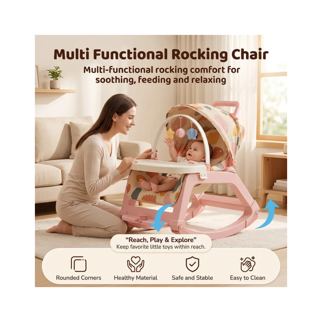 StarAndDaisy Multi-Purpose Baby Rocking Chair with Wheels, Feeding Tray & Push Handle – 0–24 Months, Pink