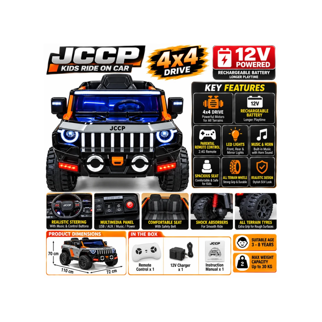 JCCP 4x4 Kids Electric Ride-On Jeep | 12V Battery Operated Off-Road Car with LED Lights