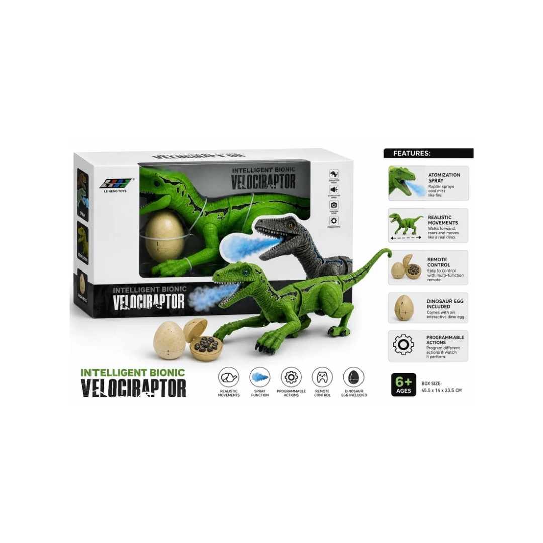 Remote Control Intelligent Bionic Velociraptor Interactive Dinosaur Toy with Spray & Programming Function