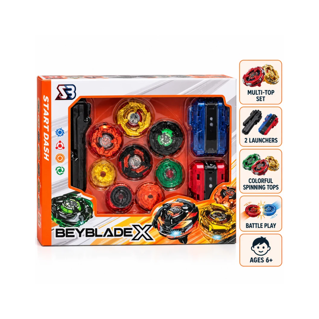 Beyblade X Starter Dash Spinning Battle Top Set with 8 Assorted Tops, 2 Launchers & Accessories for Kids Ages 6+