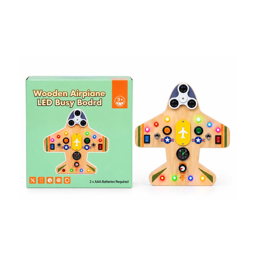 Wooden Montessori Airplane LED Busy Board Activity Toy