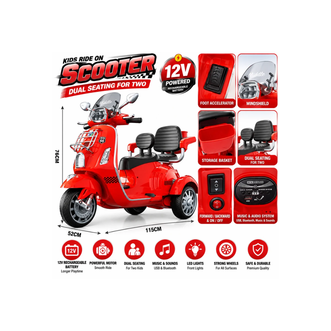 Kids 3-Wheel Electric Ride-On Scooter | Dual Seat Battery Operated Bike with Bluetooth, Music & Storage