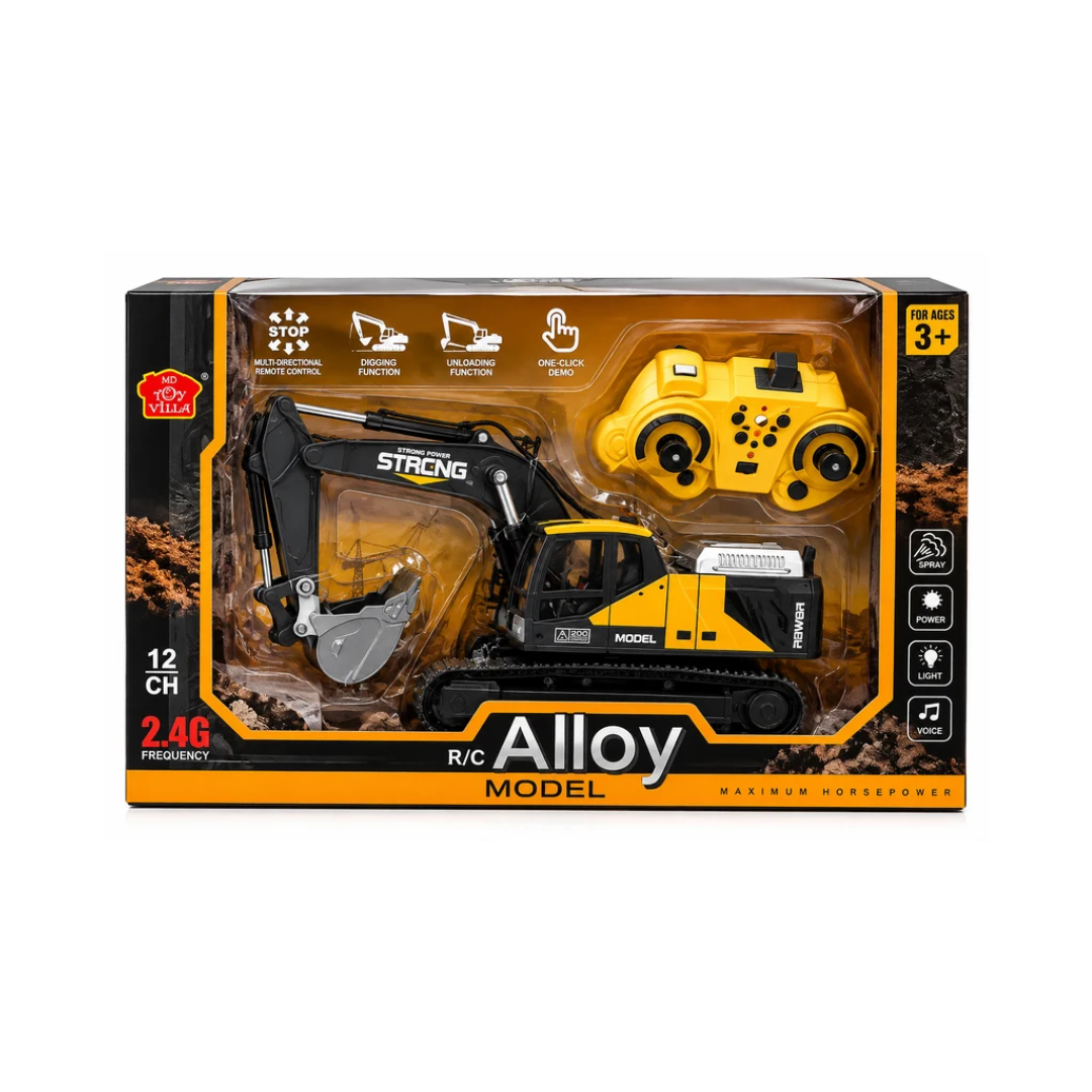 12CH 2.4G RC Alloy Excavator with Lights, Sound & Spray – Kids 6+