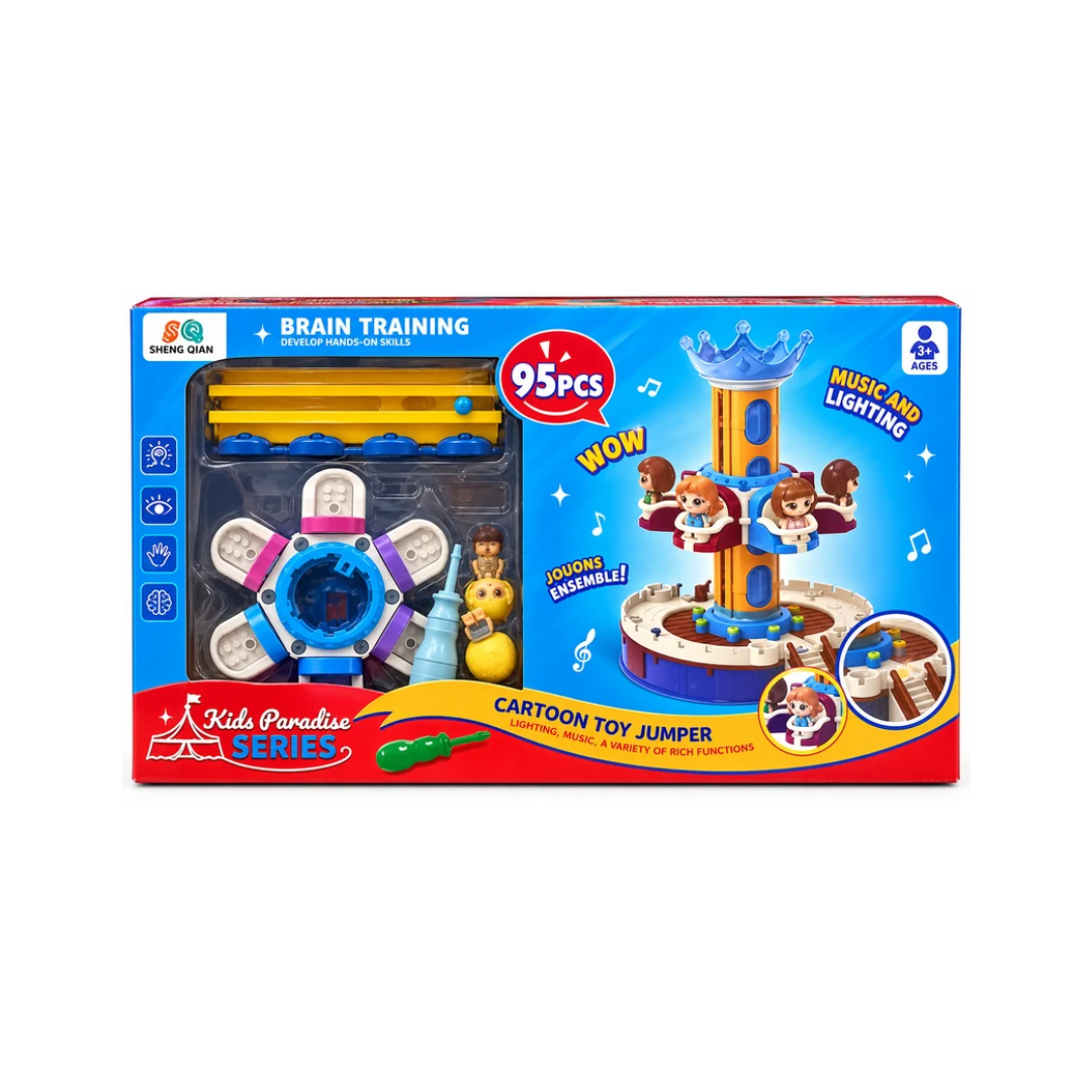 Kids Paradise Cartoon Toy Jumper – 95 Pcs Musical & Light-Up Amusement Ride Building Set | 3+ Years