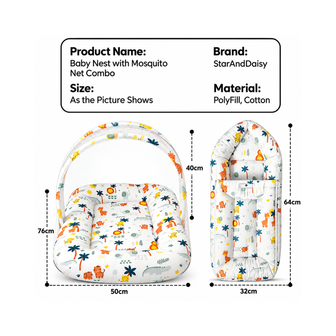 StarAndDaisy Baby Bed Set with Mosquito Net & Sleeping Bag Combo – Travel-Friendly Newborn Bed, Lion Print