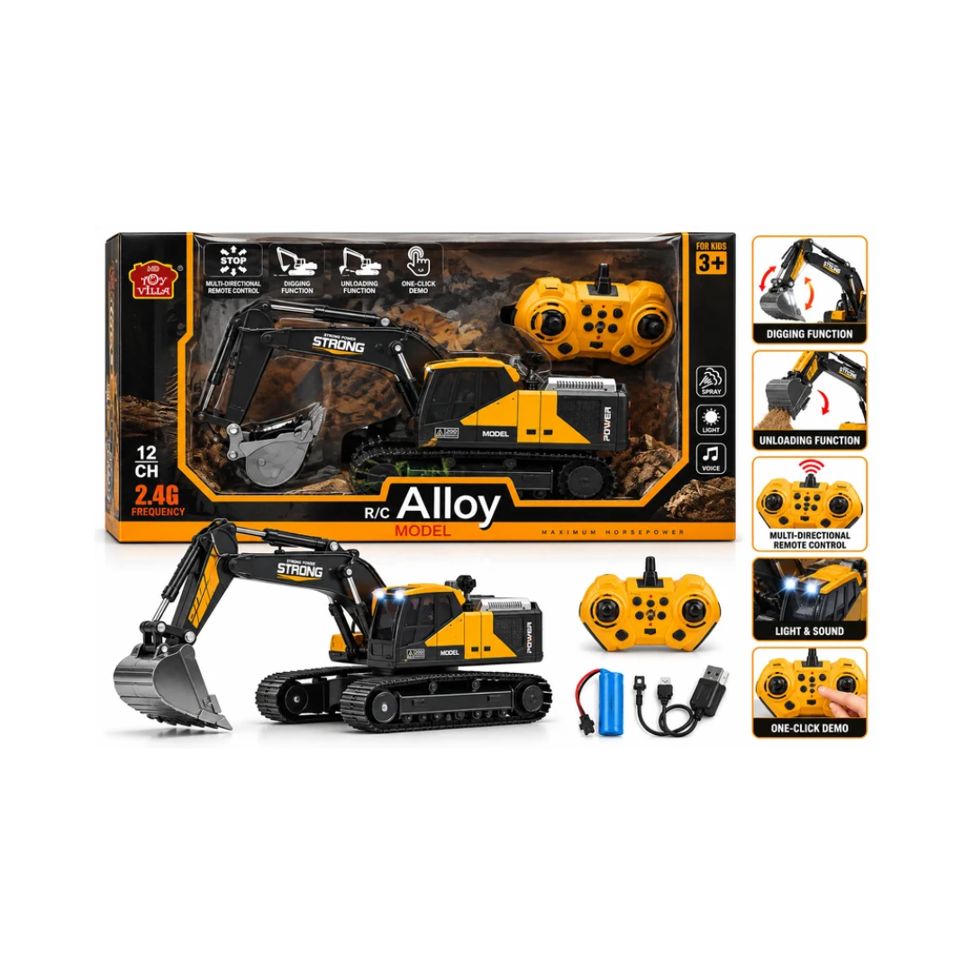 12CH 2.4G RC Alloy Excavator with Lights, Sound & Spray – Kids 6+