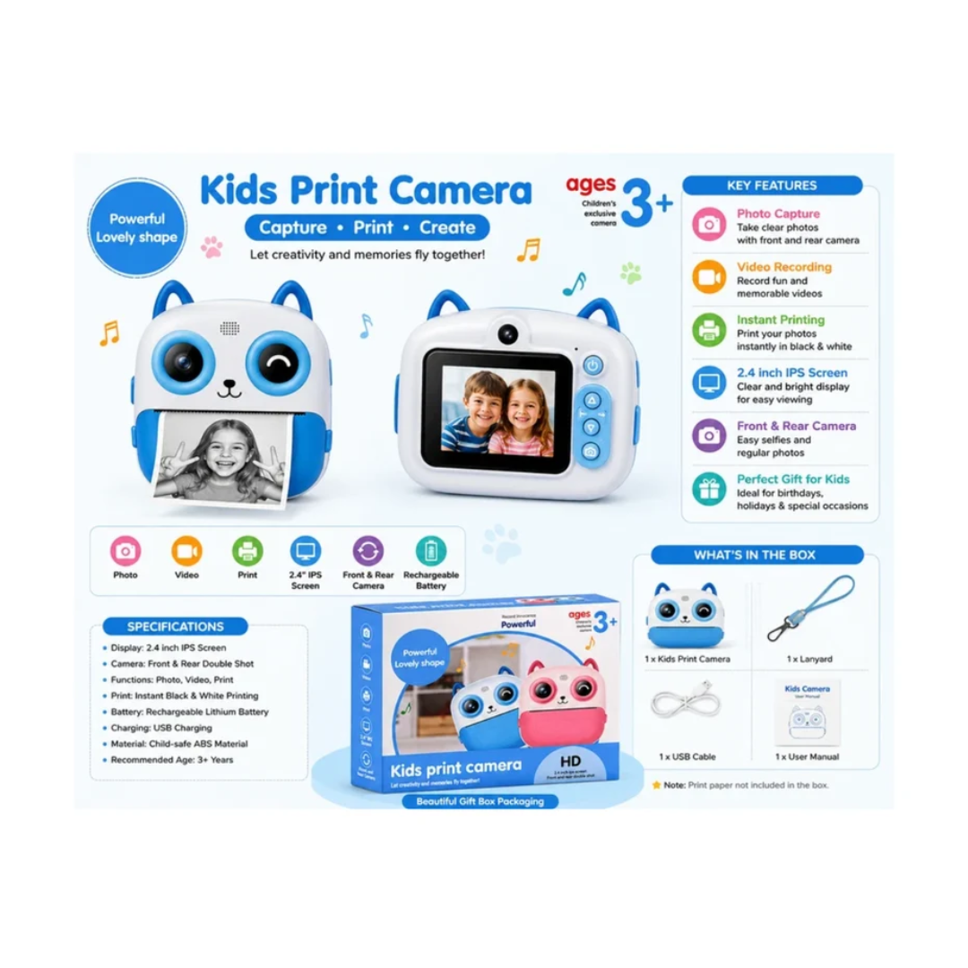 Kids Instant Print Camera with 2.4" IPS Screen – Cute Camera for Kids assorted color