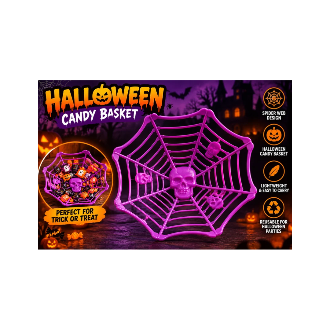 Halloween Spider Web Decoration with Skull & Spider – Purple Hanging Decor