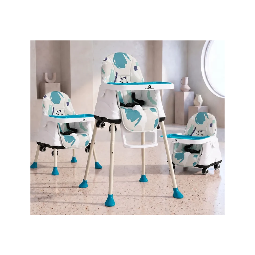 StarAndDaisy 3-in-1 Baby High Chair with Adjustable Double Tray & 3-Point Safety Belt – Blue & White