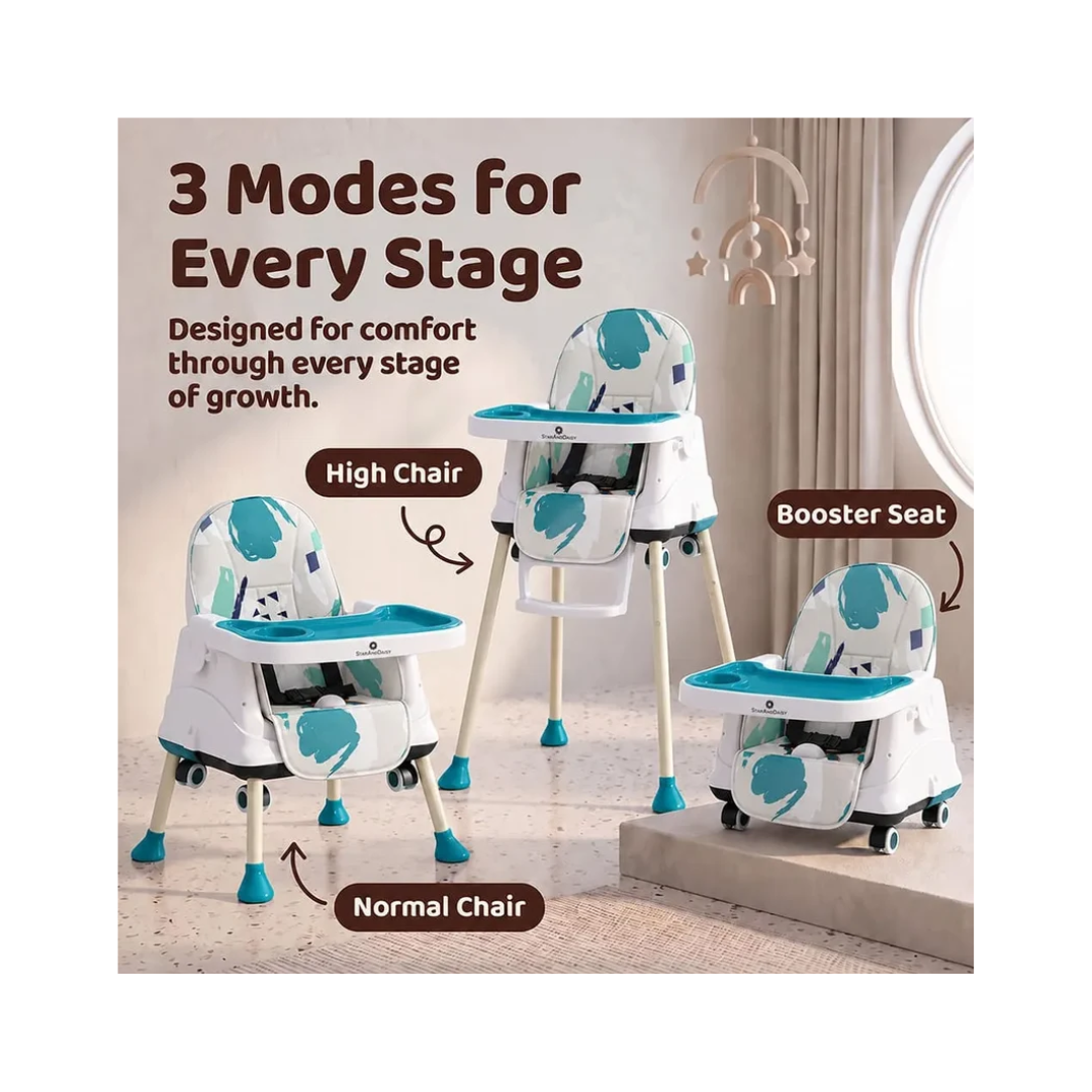 StarAndDaisy 3-in-1 Baby High Chair with Adjustable Double Tray & 3-Point Safety Belt – Blue & White