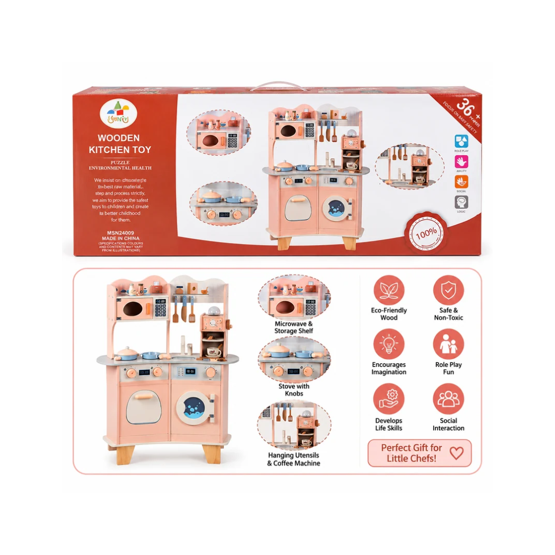 Wooden Kitchen Play Set for Kids with Microwave, Stove & Accessories 36+ Months