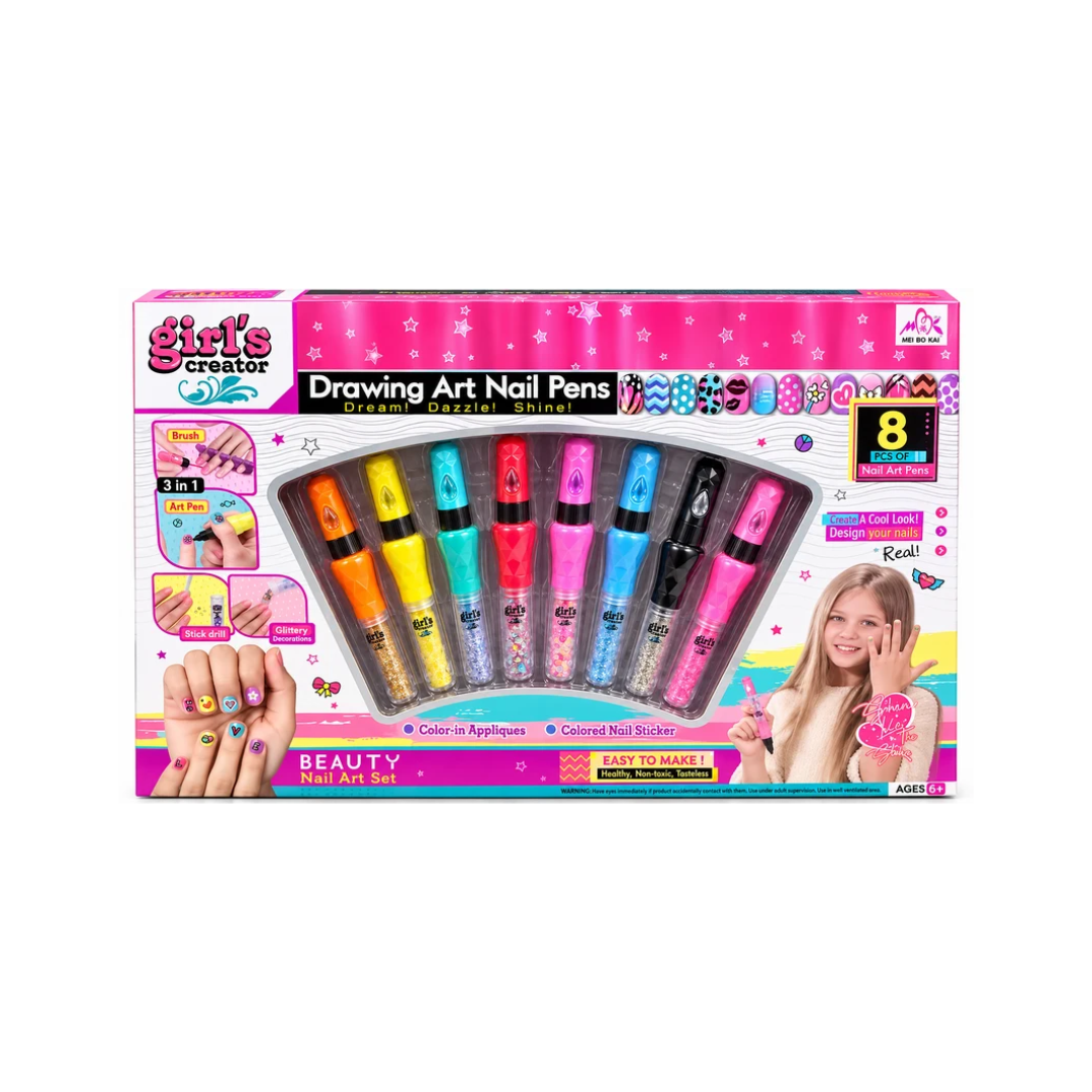 Girls Creator Drawing Art Nail Pens – 8 Pcs 3-in-1 DIY Nail Art & Decoration Set | 6+ Years