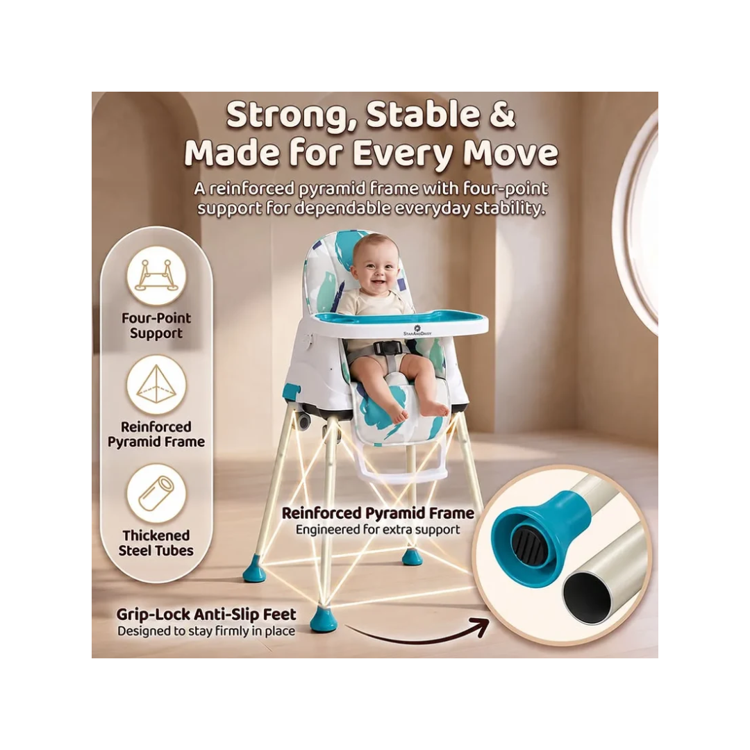 StarAndDaisy 3-in-1 Baby High Chair with Adjustable Double Tray & 3-Point Safety Belt – Blue & White