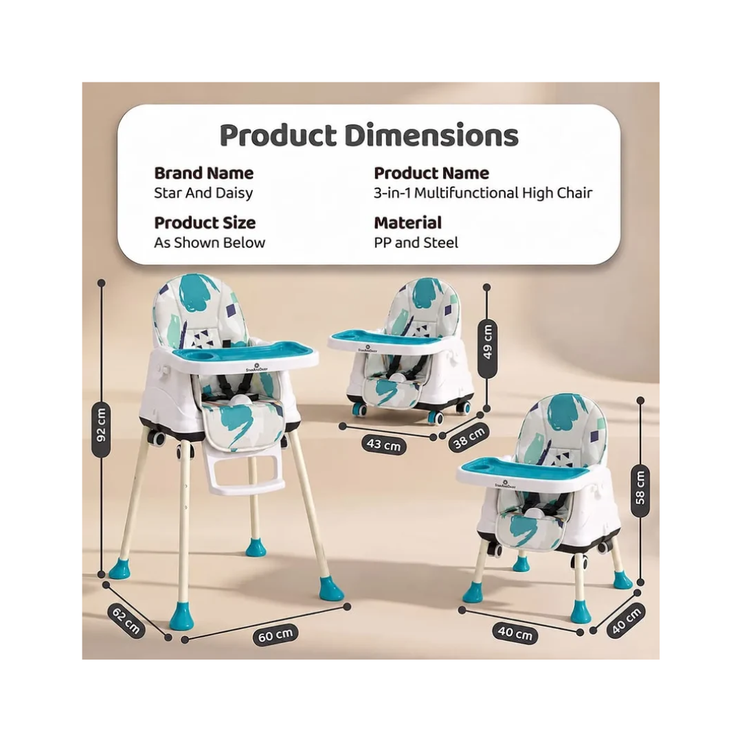 StarAndDaisy 3-in-1 Baby High Chair with Adjustable Double Tray & 3-Point Safety Belt – Blue & White