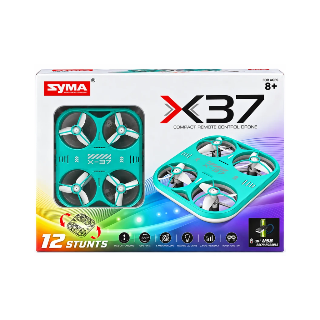 SYMA X37 Compact Remote Control Drone with 12 Stunts, 360° Flips, LED Lights & USB Rechargeable – 8+ Years