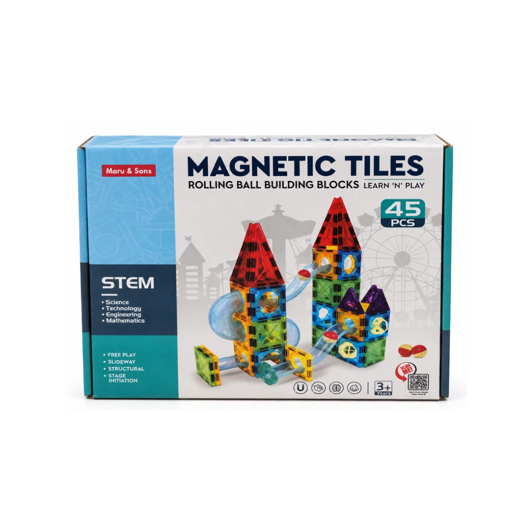 Maru & Sons Magnetic Tiles Rolling Ball Building Blocks 45 Pcs STEM Construction Set for Kids 3+