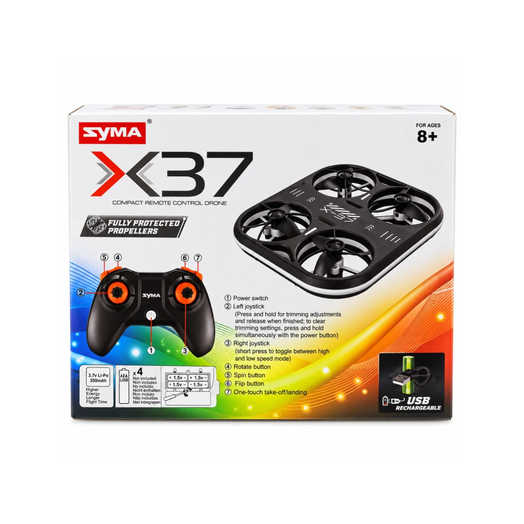 SYMA X37 Compact Remote Control Drone with 12 Stunts, 360° Flips, LED Lights & USB Rechargeable – 8+ Years