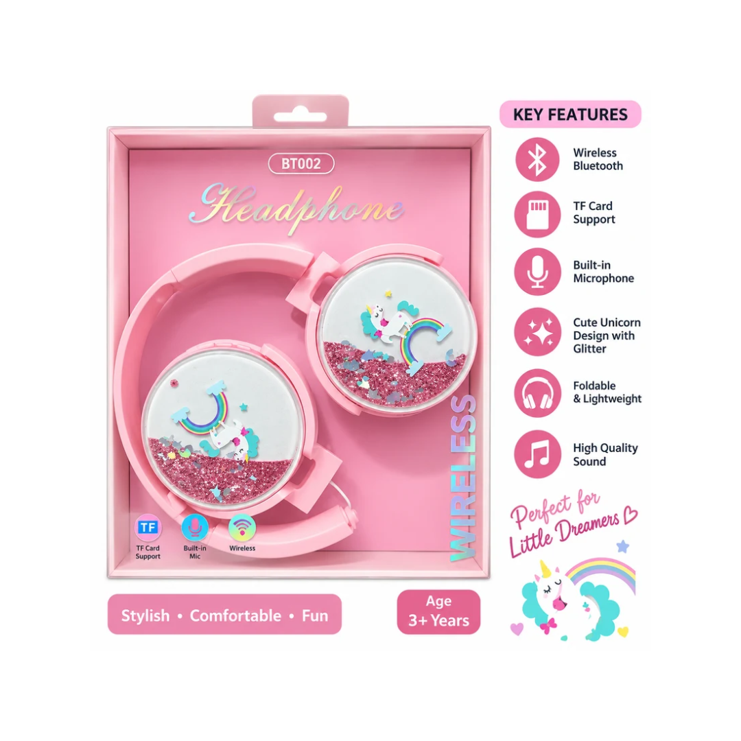 B7002 Unicorn Glitter Kids Wireless Over-Ear Headphones – Pink