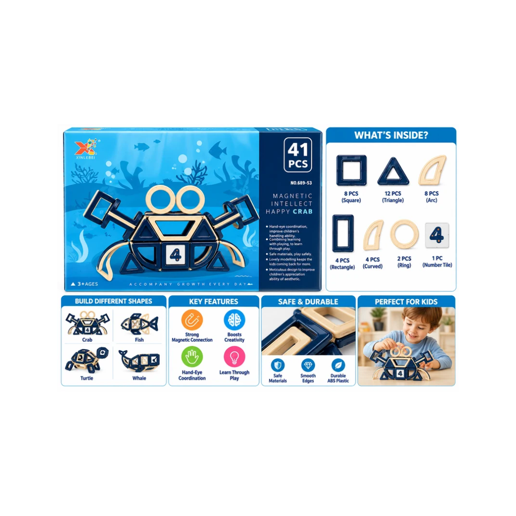 Xinlebei 41 PCS Magnetic Building Blocks Happy Crab | STEM Construction & Creative Learning Toy for Kids 3+
