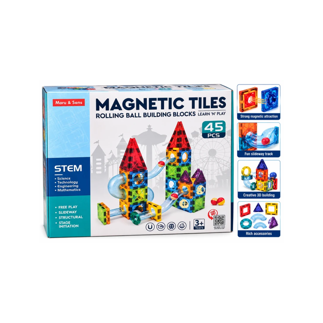 Maru & Sons Magnetic Tiles Rolling Ball Building Blocks 45 Pcs STEM Construction Set for Kids 3+
