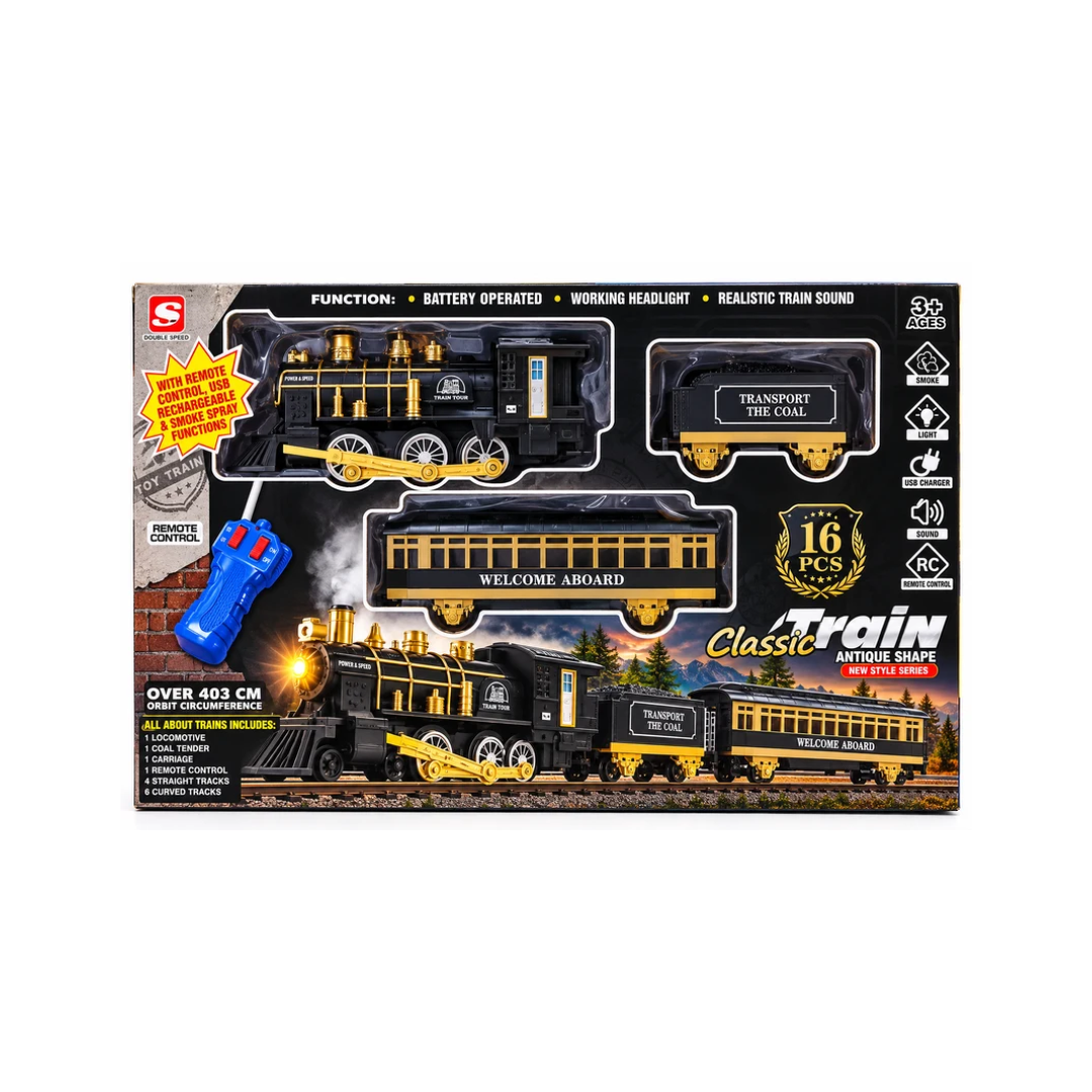 Classic Train Remote Control Toy with Smoke, Lights & Sound | 16-Piece Set