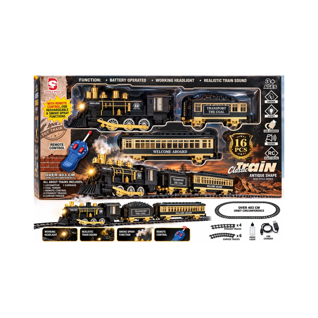Classic Train Remote Control Toy with Smoke, Lights & Sound | 16-Piece Set