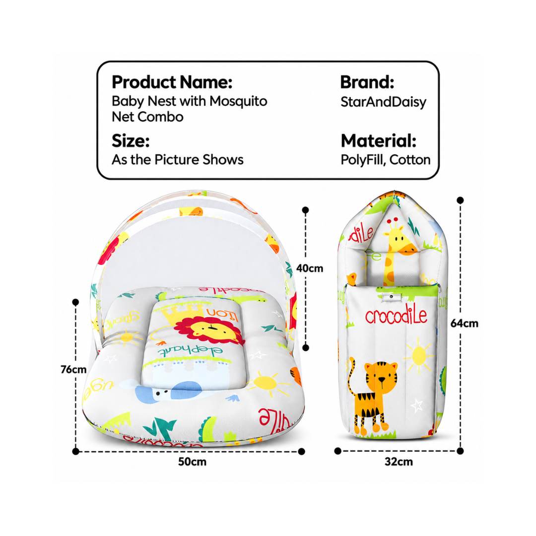 StarAndDaisy Baby Bed Set with Mosquito Net & Sleeping Bag Combo – Travel-Friendly Newborn Bed, Animal Print