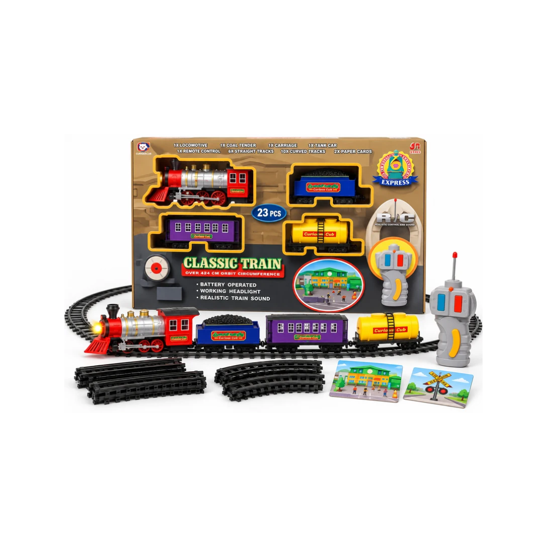 Classic Train 23 Pcs Remote Control Railway Set – Battery Operated Train with Light & Sound