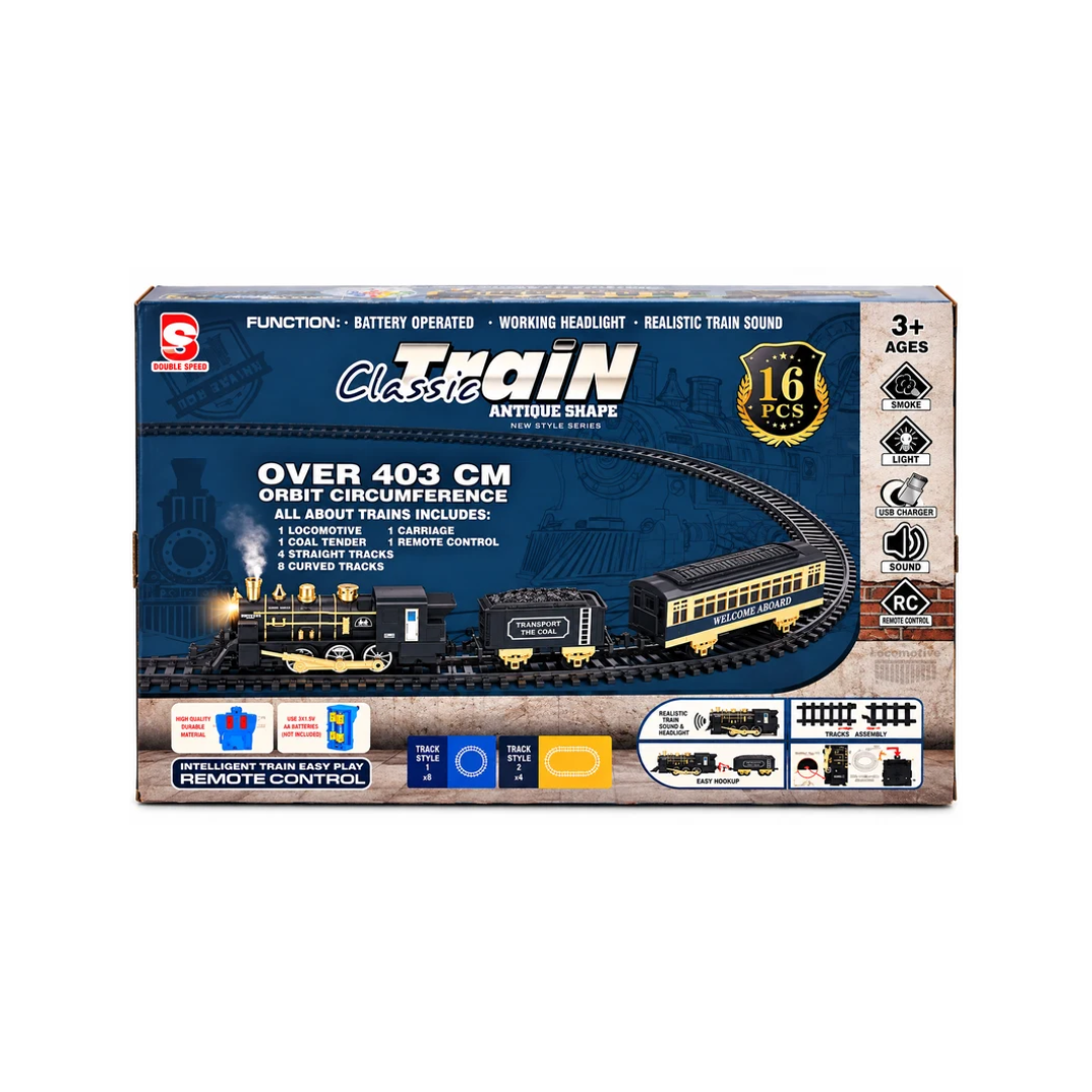 Classic Train Remote Control Toy with Smoke, Lights & Sound | 16-Piece Set