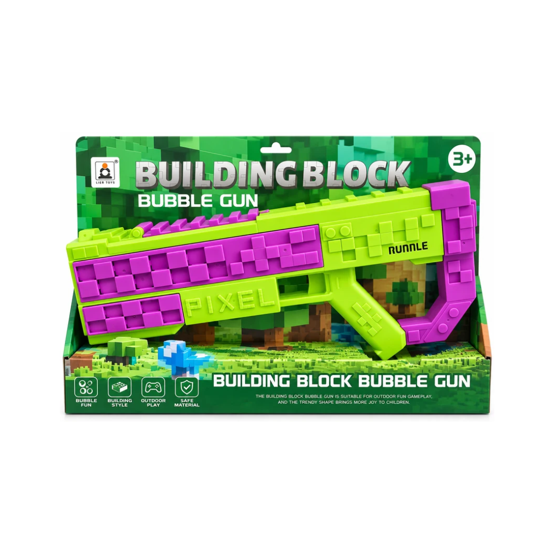 Pixel Building Block Bubble Gun – Automatic Bubble Blaster Toy | Green & Purple | 3+ Years