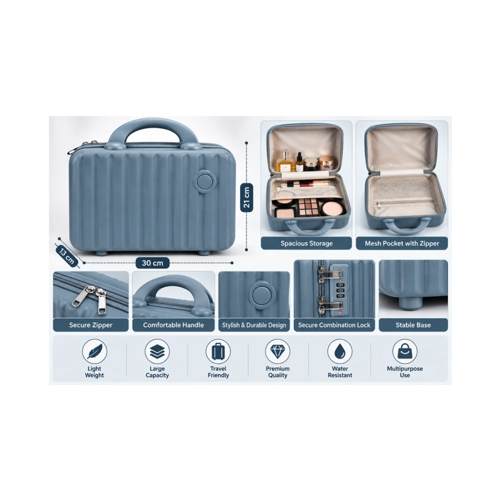 Portable Hard Shell Makeup & Travel Organizer Case with Handle – Blue Grey (30cm)