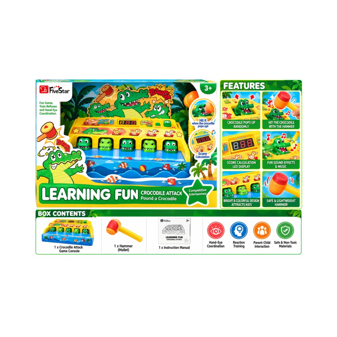 FiveStar Learning Fun Crocodile Attack Pound-a-Crocodile Hammer Game for Kids – Lights, Music & Score | 3+ Years
